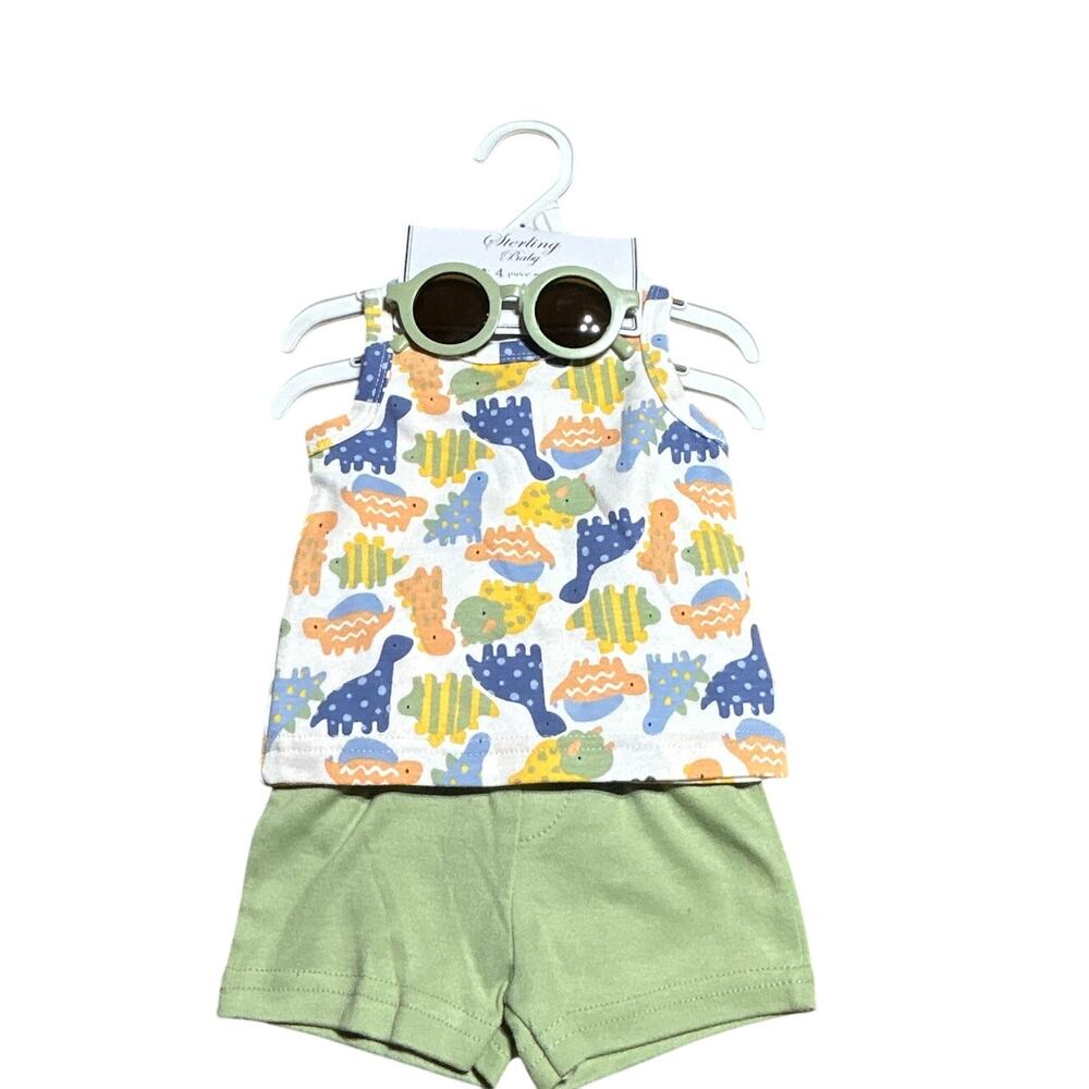 NWT Sterling Baby Dinosaur 4piece set sz 3mth shorts shirt onesie sunglasses